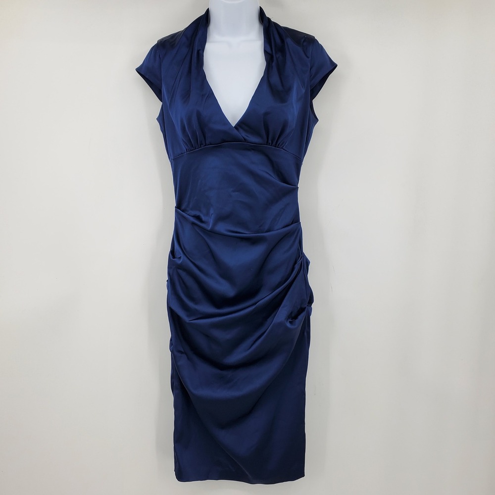 Vintage Y2K Cache Blue Satin Ruched V Neck Cap Sleeve Cocktail Dress 10